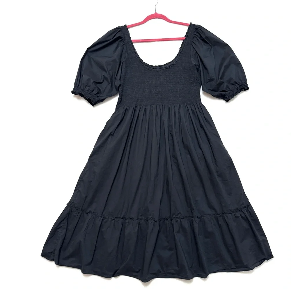 Black Smocked Midi Dress with Puff Sleeves - Picture 3 of 10